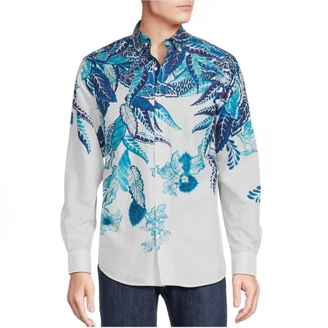 Cremieuxblue Label Martinque Collection Albini Leaf Print Long-Sleeve Woven Shir